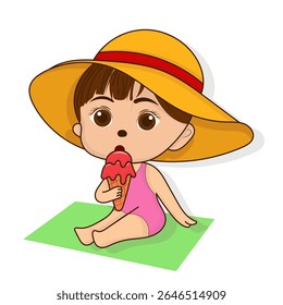 Vector illustration of cute cartoon girl with big eyes, wearing yellow hat and pink swimsuit, sitting on green rug and eating red ice cream.