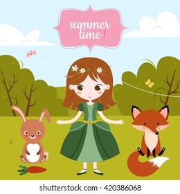 Vector illustration of cute cartoon girl and text Summer Time on the blue background.