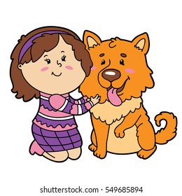 Vector illustration of cute cartoon girl and dog character for children and scrap book