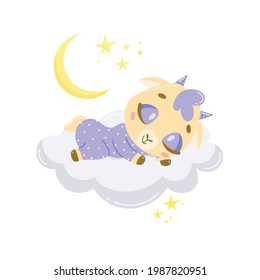 Vector illustration of a cute cartoon goat sleeping on a cloud. Baby animals are sleeping.