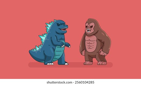 Vector illustration of cute cartoon godzilla and king kong