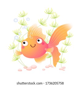 Vector illustration cute cartoon goldfish in an aquarium.