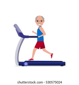 Vector Illustration Cute Cartoon Grandfather Running On Treadmill. Sporty Old Man On Training Apparatus Running Track. Isolated White Background. Flat Style. Side View, Profile. Grandpa On Simulator.