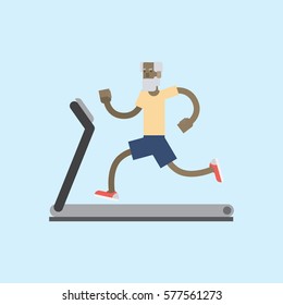 Vector illustration cute cartoon grandfather running on treadmill. Sporty old man on training apparatus running track. Isolated white background. Flat style. old man on a treadmill