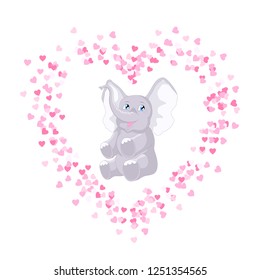 Vector illustration with cute cartoon grey elephant among the little pink hearts isolated on the white background.