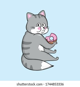 Vector illustration of cute cartoon grey cat eating glazed pink donut. Funny hungry cat drawn with a tablet, flat graphic, artwork, sketch character, can be used as fashion print for t shirt