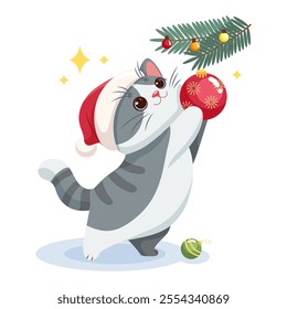 Vector illustration of a cute cartoon grey cat in a Santa hat decorating Christmas tree with a red Christmas tree ball 