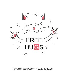 Vector illustration of cute cartoon hand drawn cat with open arms, lettering free hugs, sketch color drawing, can be used as fashion print for t shirt or pajamas, card, poster