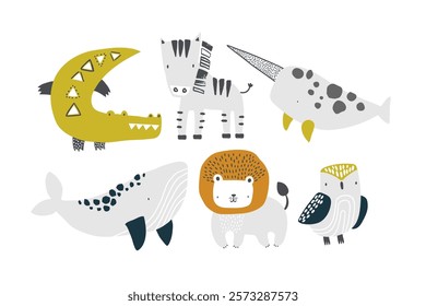 Vector illustration cute cartoon hand-drawn funny wild animals on white background. Crocodile, zebra, narwhal, whale, lion, owl. Cute animal characters for kids. Nursery. Nature. Scandinavian style.