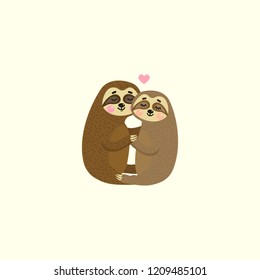 Vector illustration of cute cartoon hanging sloths. Animals in love. Happy Valentine's day