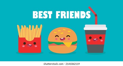 Vektorgrafik von Cute Cartoon Happy Hamburger, Pommes frites, Cola, Funny Figuren Beste Freunde für immer Concept Food and Drink Poster einzeln auf weißem Hintergrund 