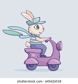 Vector illustration with cute cartoon happy rabbit riding on scooter