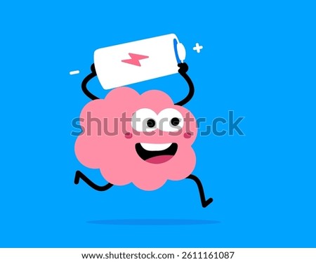Vector illustration of cute cartoon happy brain character hold battery and run. Flat doodle style design of smile strong brain character carry energy symbol to charge for web banner, poster, card