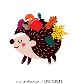 Vector illustration of cute cartoon hedgehog character carrying mushrooms and red apple with colorful leaves for autumn time concept designs