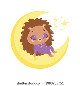 Vector illustration of a cute cartoon hedgehog sleeping on the moon. Baby animals are sleeping.