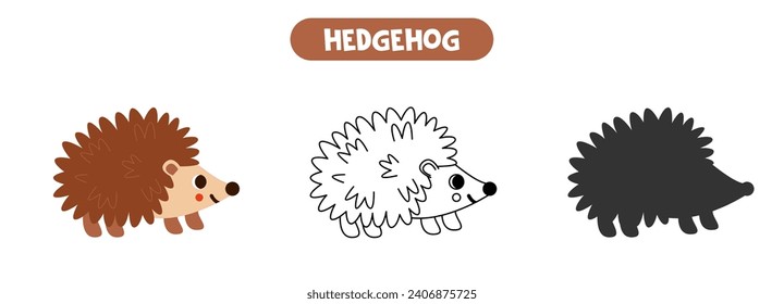 Vector illustration of cute cartoon hedgehog. Coloring page. Vector silhouette.