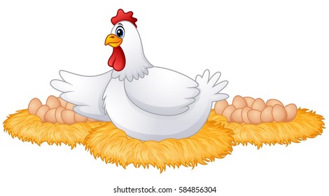 Vector illustration of Cute cartoon hen with many eggs in the her nest