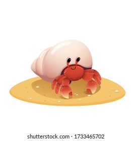 Vector illustration cute cartoon hermit crab crawling on the beach on white background.