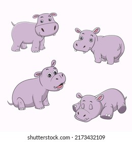 vector illustration of cute cartoon hippo collection set