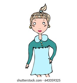Vector Illustration. Cute Cartoon Hipster Girl with Pony Tail Smile Blush Look Above