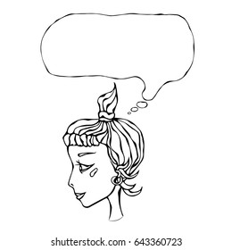 Vector Illustration. Cute Cartoon Hipster Girl Face Head in Profile with Ponytail Smile Blush. Thinking Bubble Above.