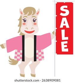Vector illustration of a cute cartoon horse holding a big sale sign.