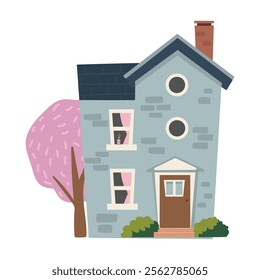 Vector illustration of a cute cartoon house with a chimney. House icon on white background. Flat style vector illustration.