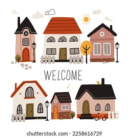 Vector illustration of cute cartoon houses. Traditional old buildings. Travel poster, postcards, greeting cards template. Hand drawn scandinavian style vector illustration.
