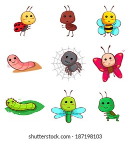 A vector illustration of Cute cartoon insects and bugs icon