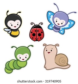 Vector illustration of cute cartoon insects garden animals