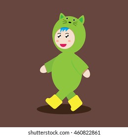 vector illustration of cute cartoon kid character design in cute green raincoat