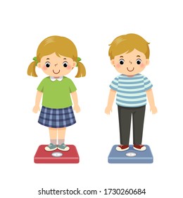 Vector illustration cute cartoon kids checking their weight on the scales.