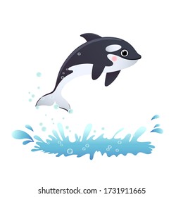 Vector illustration cute cartoon killer whale jumping out of the sea.