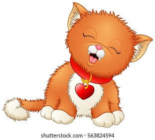 Vector illustration of Cute cartoon kitten wearing a red collar with heart shaped tag