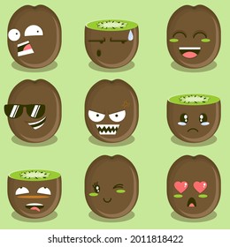 vector illustration of cute cartoon kiwi fruit with emotional expression