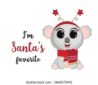 Vektorgrafik süße Cartoon koala. Ideal für Grußkarten, Partyeinladungen, Poster, Aufkleber. Frohe Weihnachten und glückliches neues Jahr. Schreiben, ich bin der Lieblingsmahl des Weihnachtsmanns