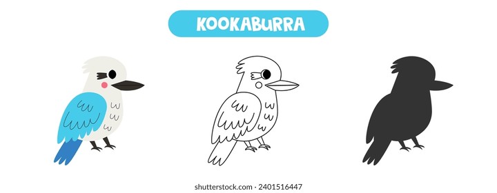 Vector illustration of cute cartoon kookaburra bird. Coloring page. Vector silhouette.