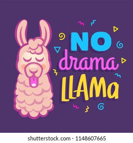 Vector Illustration with cute cartoon lama in purple. Alpaca hand drawn and lettering quote - no drama llama.