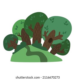 Vector illustration of cute cartoon landscape meadow path and big mighty oaks 