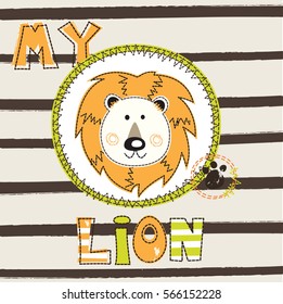 Vector illustration with cute cartoon lion for baby shower, kids design, t-shirt and bedding wear design
