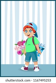 Vector illustration of cute cartoon little boy character with ginger hair holding flowers bouquet and gif box on striped wallpaper background. Kawaii baby for greeting card design, postcard clip art. 