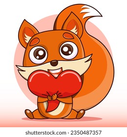 Vector illustration of a cute cartoon little fox cub hugging with a heart. Nice, funny, joyful fox for kindergarten, babies, books, cartoons. Objects of education and development of children.