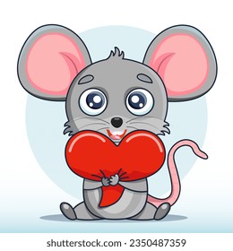 
Vector illustration of a cute cartoon little mouse hugging with a heart. Cute, funny, joyful mouse for kindergarten, kids, books, cartoons. Objects of education and development of children. 