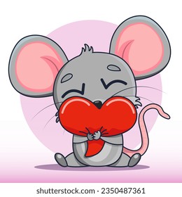 Vector illustration of a cute cartoon little mouse hugging with a heart. Cute, funny, joyful mouse for kindergarten, kids, books, cartoons. Objects of education and development of children. 