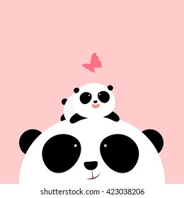 Vector Illustration: A cute cartoon little panda is lying on the head of his father / mother, looking at a butterfly. svg
