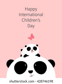 Vector Illustration: A cute cartoon little panda is lying on the head of his father / mother, looking at a butterfly, for Happy International Children's Day.