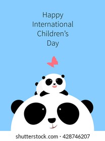 Vector Illustration: A cute cartoon little panda is lying on the head of his father / mother, looking at a butterfly, for Happy International Children's Day.