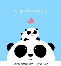 Vector Illustration: A cute cartoon little panda is lying on the head of his father,  looking at a butterfly, for Happy Father's Day.