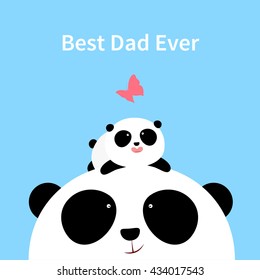 Vector Illustration: A cute cartoon little panda is lying on the head of his father,  looking at a butterfly, for Happy Father's Day.