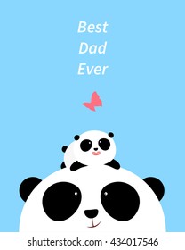 Vector Illustration: A cute cartoon little panda is lying on the head of his father,  looking at a butterfly, for Happy Father's Day.
